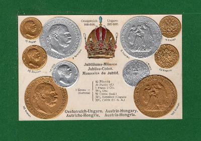 Císař František Josef I. mincovní tlačená pohlednice
