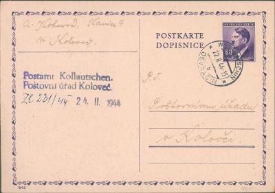 12C25 Böhmen - Mähren, celina Hitler 1942, Osvračín - pošta Koloveč