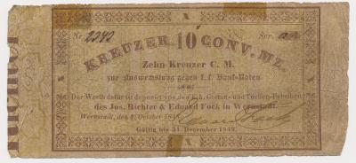 Čechy, Verneřice (Wernstadt), 10 Krejcar, 1848, peněžní poukázka - RR