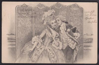 Šlechtický pár, novoroční žertovná pohlednice