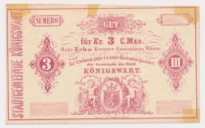Čechy, Kynžvart (Königswart), 3 Krejcar, 1848, peněžní poukázka  - RR