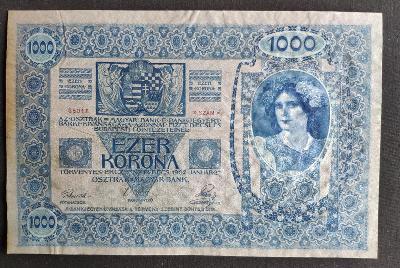 1000 Korun 1902, bez přetisku. Neoběhová, bez přehybu.  Zvlněný papír.