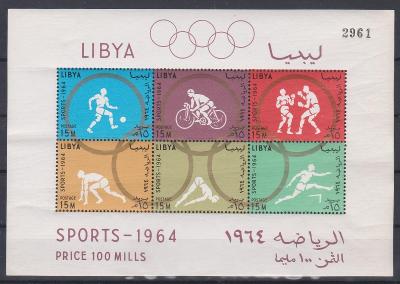 Líbye 1964, aršík LOH Tokio 64, zoubkovaný, svěží, KVP,