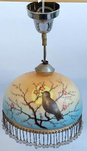 Staré stropní svítidlo/lustr - skleněný s ptáčky a ověsy, průměr 24 cm