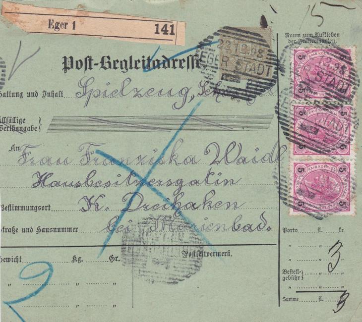 Rakousko, průvodka Cheb 1898 - Tři Sekery. - Celiny