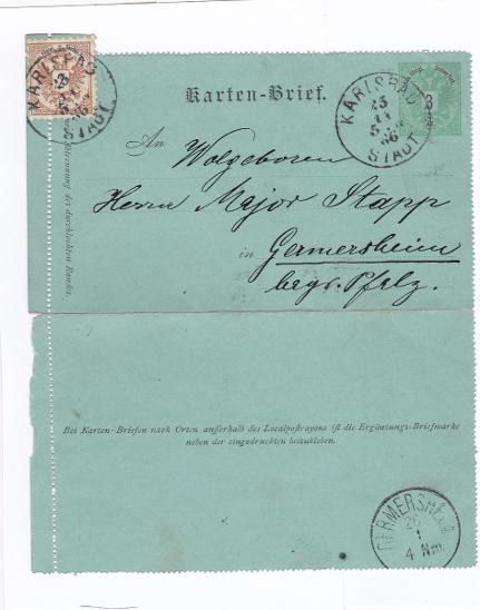 Rakousko, zálepka dofr. Karlovy Vary 1886- Německo, s přích.