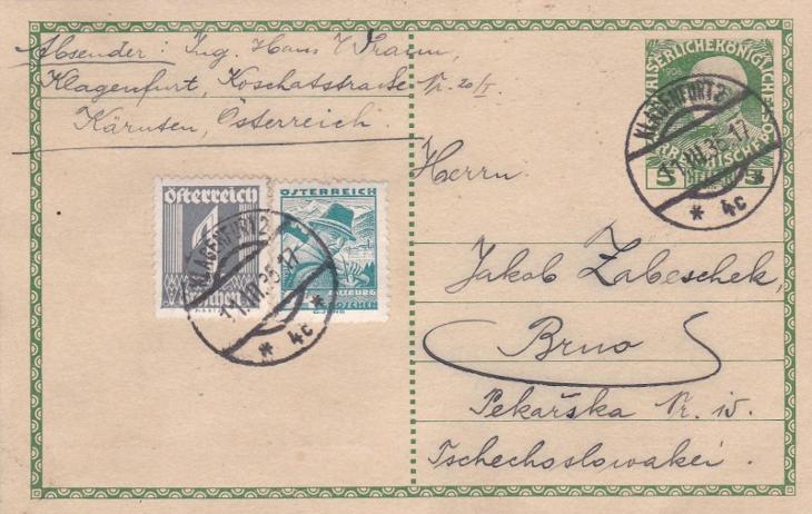 Rakousko, po platnosti, dofr. Klagenfurt 1935 - Brno.