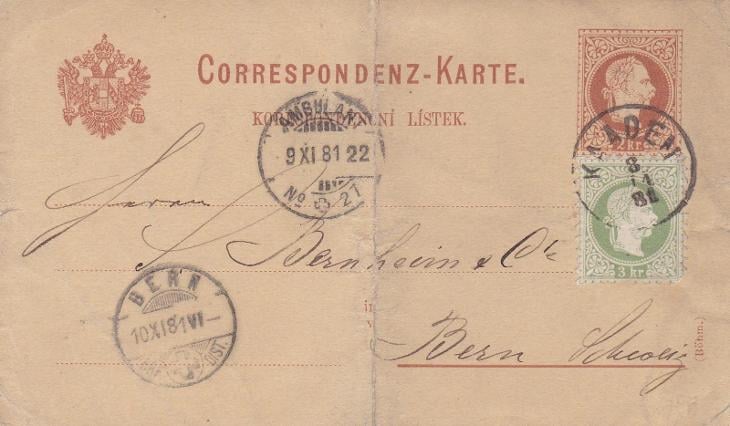 Rakousko, dofr. Kadaň 1881 (Chomutov) -Švýcarsko, Bern, s přích. POZOR - Celiny