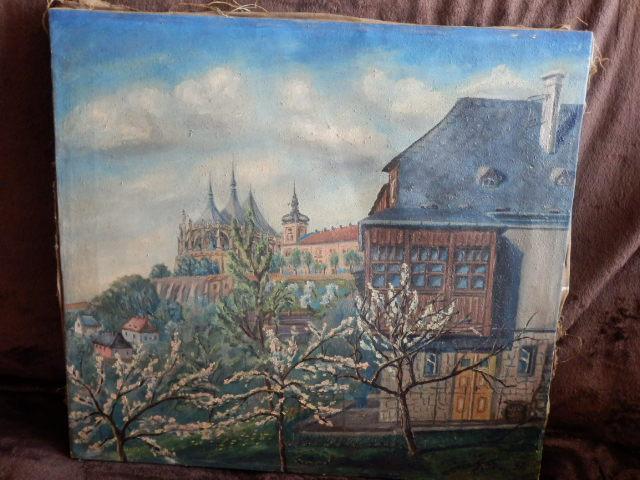 starý obraz Chrám svaté barboty Kutná hora, signováno nerozluštěno - Výtvarné umění