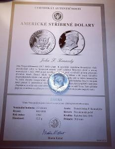 🇺🇸Stříbrný půl dolar Kennedy 1964 včetně certifikátu 🇺🇸