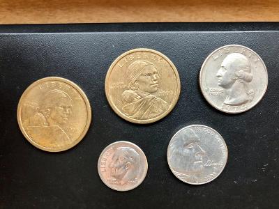 2 X one dollar, quarter dollar, five cents, one dime - 2000, 1974,2005