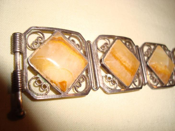Starý článkový Ag náramek s kameny, ČSR,platný čs.punc,   polodrahokam - Starožitné šperky