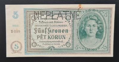 5 korun bez data (1940), série B 010, perforace NEPLATNÉ, stav aUNC. 