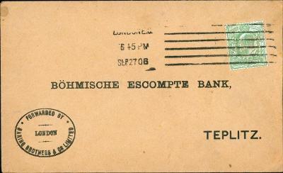 17B1477 Dopis Londýn - Teplice Eskomptní banka, známka PERFÍN