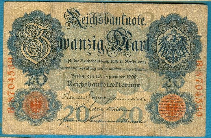 Německo 20 marek 10.9.1909 podtisk P serie B - Sběratelství