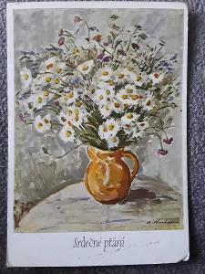 Pohlednice Srdečné přání Bílá kytice (M. Neubertová) malovaná