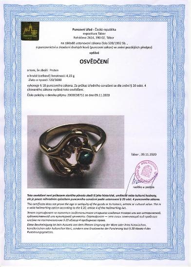 Zlatý prsten o ryzosti 17.28 kt zlata se smaragdem a brilianty - Starožitné šperky