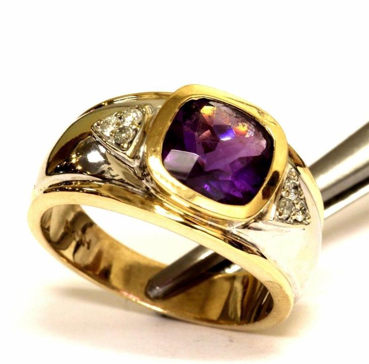 14 kt zlatý prsten s ametystem a brilianty - Starožitné šperky