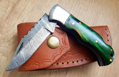 🔴zelený Damaškový nůž 16,5cm kapesní ručně vyrobeno +kožené pouzdro B