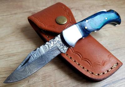 ✅modrý Damaškový nůž 16,5 cm kapesní ručně vyrobeno + kožené pouzdro B