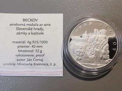 Hrady a zámky na Slovensku - BECKOV, 32g Ag medaile, Mincovna Kremnica