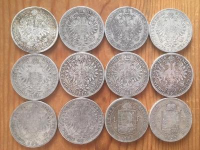 12 kusů stříbrných zlatníků, Rakousko Uhersko, každá mince jiná