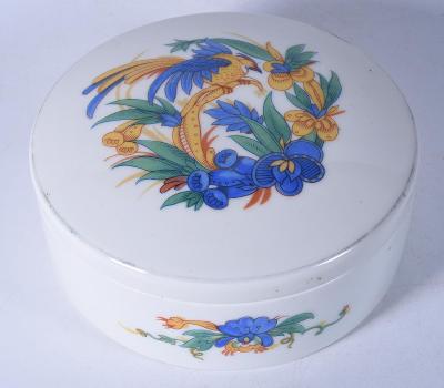 Krásná dóza s víkem, porcelánka Rosenthal, tropický motiv s papouškem