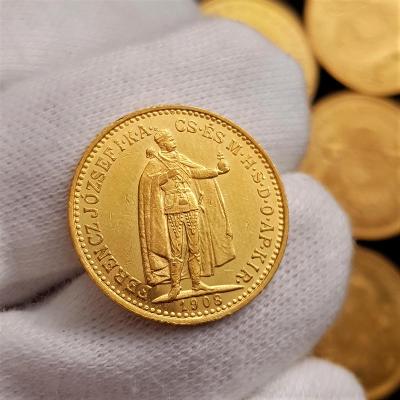 Krásná uherská 10 Koruna 1908 KB, František Josef I., zlatá mince  