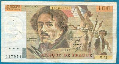 Francie 100 franků 1981 z oběhu - dírky
