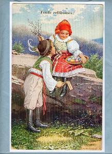 Malíř Mukařovský velikonoce kroje dívka na kameni chlapec řehtačka 192