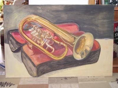 obraz, olej na plátně, trumpeta, 60x40cm