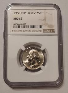 USA 1/4 Dollar 1960 type B revers Washington mince Ag stříbro NGC MS64