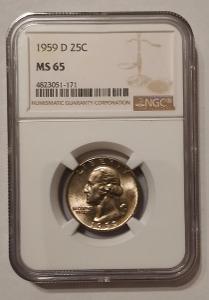 USA 1/4 Dollar 1959-D Washington mince Ag stříbro NGC MS65