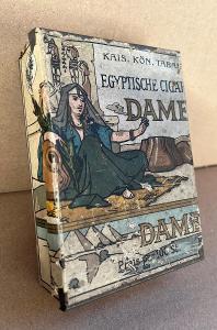 Stará plechová krabička na egyptské cigarety Dames - tabák, reklama
