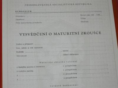 Vysvědčení o maturitní zkoušce ČSSR- tiskopis ( maturitní vysvědčení )