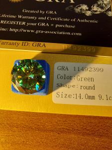 Diamant syntetický,Moissanit zelený, 14mm,9.1karátu+certifikát