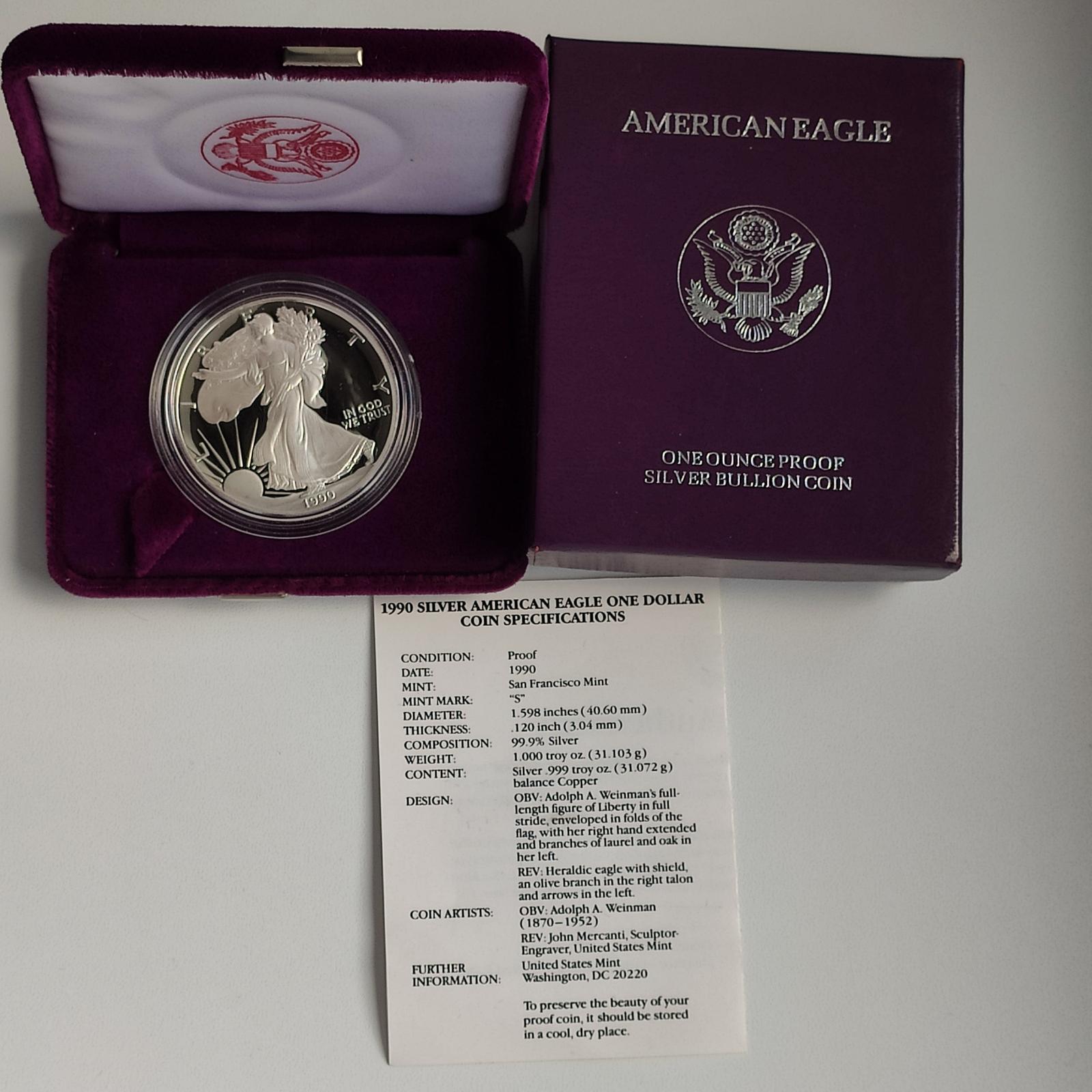 Stříbrná investiční mince American Silver Eagle 1 Oz 1990 - Proof  "S" - Numizmatika