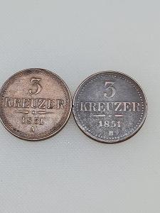 3 krejcar ,Tříkrejcar 1851 A,B František Jozef I.-vzácne