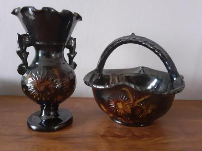 Keramická černá váza + keramický koš s uchem 