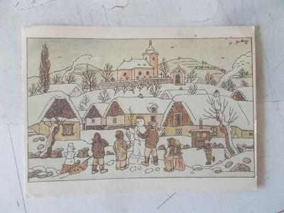 Umělecká pohlednice Josef Lada malíř vánoce   sněhulák sáně děti Odeon
