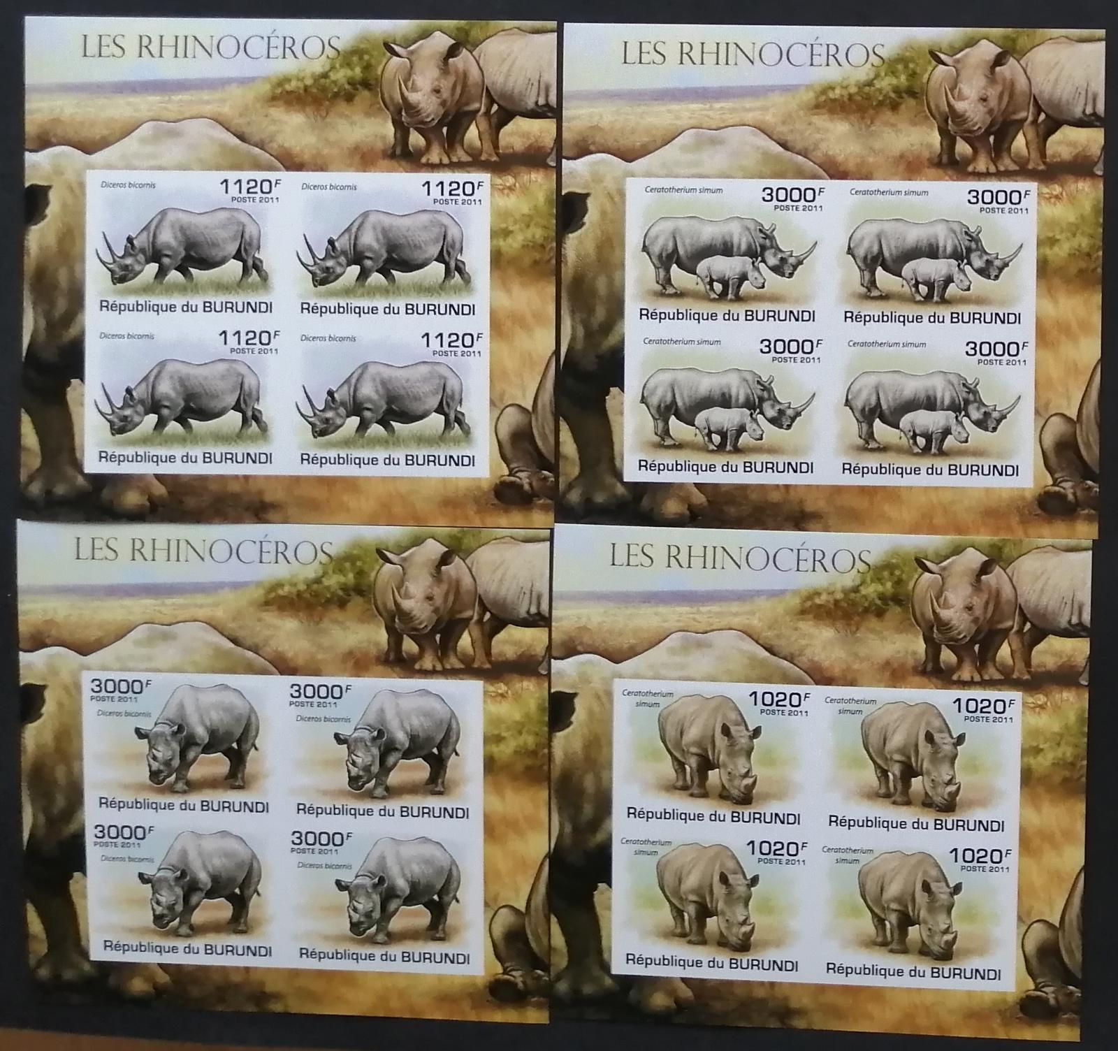 Burundi 2011 Mi.2114-7 +38€ Nosorožce africká fauna, ŠTVORBLOKY imp. - Filatelia