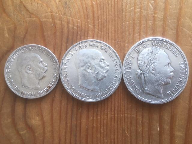 3 kusy stříbrných mincí Rakousko Uhersko, koruna, dvoukoruna a zlatník - Numismatika