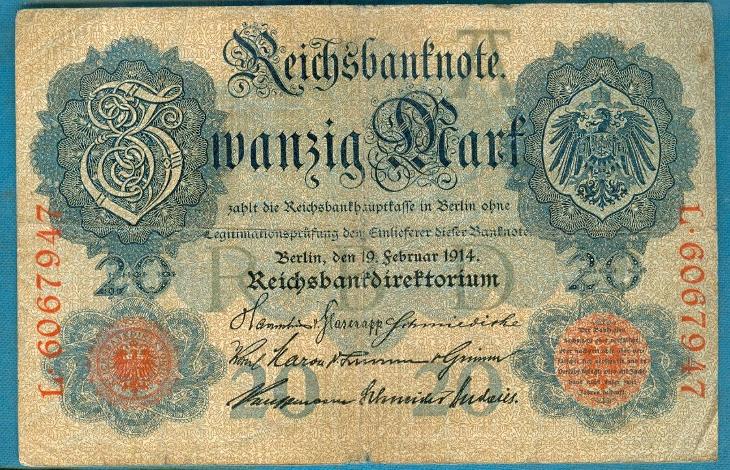 Německo 20 marek 9.2.1914 podtisk A serie L sedmimístný číslovač