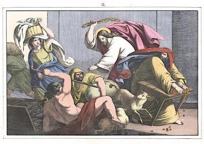 Vyhnání obchodníků z chrámu, kolor. litogr., 1860