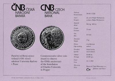 Certifikát k minci 1998 Univerzita Karlova (pouze karta, bez mince!)