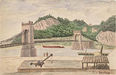 Děčín  řetězový most, akvarel, (1900)