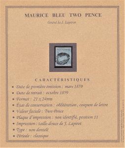 Modrý Mauritius Two Pence Lapirot 1859, SG 39, pozice 11, cert.NF !!