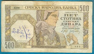 Srbsko 500 dinárů 1.11.1941 vodotisk hlava ženy popsaná