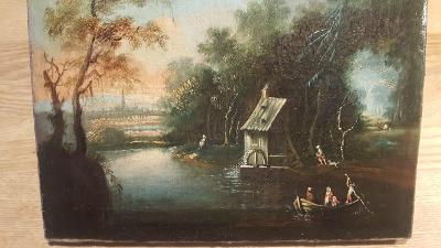 Krásná barokní žánrová krajinka, 18.st., olej na plátně, originál, TOP