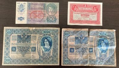 Konvolut Rakousko-Uherských bankovek - 1000 -> 2 koruny, kronen